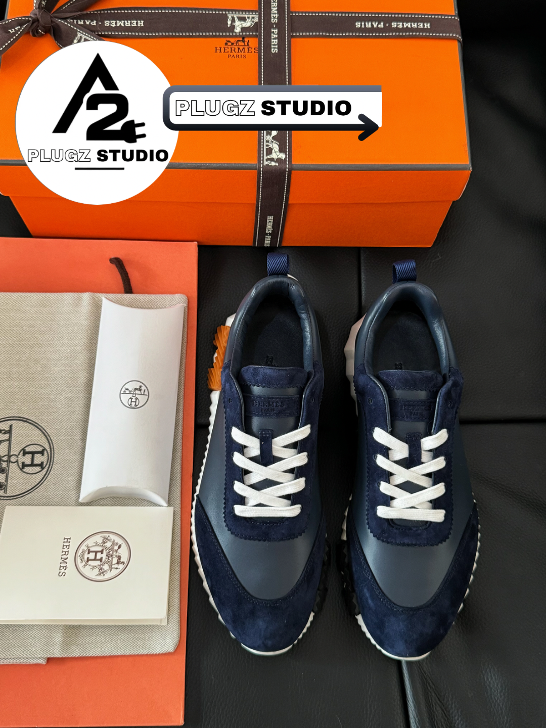Hermès Bouncing – Navy / White / Cognac