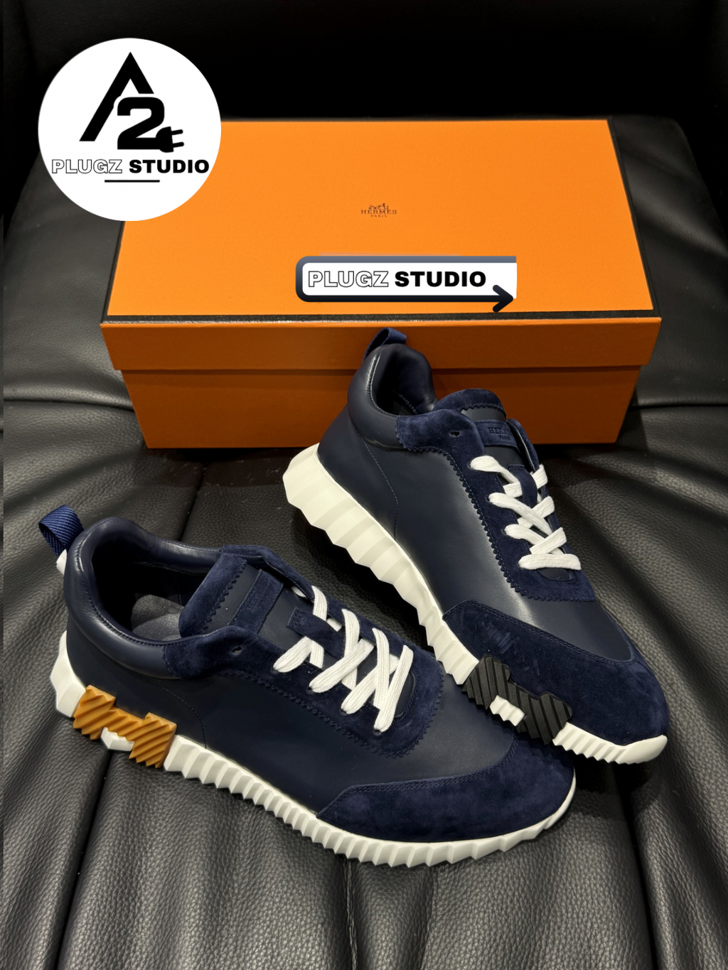 Hermès Bouncing – Navy / White / Cognac